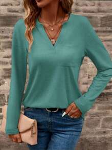 EMERY ROSE Áo thun nữ cổ chữ V dài tay thường ngày có túi, mùa thu - Màu xanh Cadet - Xem 3