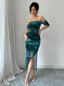 Selianne Women's Elegant Off Shoulder Tie-Dye Slit Fitted Dress, Autumn Maxi Women Outfit - Dark Green - View 1