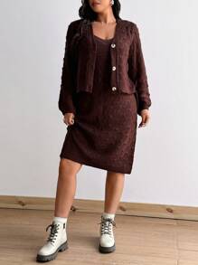 Flirla 2pcs Plus Size Women Pullover Sweater Set, Autunm Winter Fall Cloth For Women - Coffee Brown - View 6