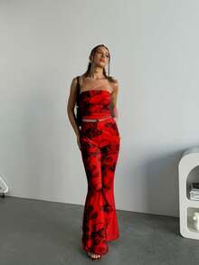 SHEIN SXY 秋季女装；万圣节派对骷髅图案女式红色性感抹胸配裤子两件套，适合鸡尾酒会、浪漫约会、秋冬、派对、正式聚会、伴娘、外出， - 白色 - 查看 4