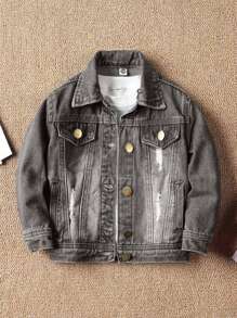 Young Boy Ripped Washed Denim Jacket - Light Grey - View 1