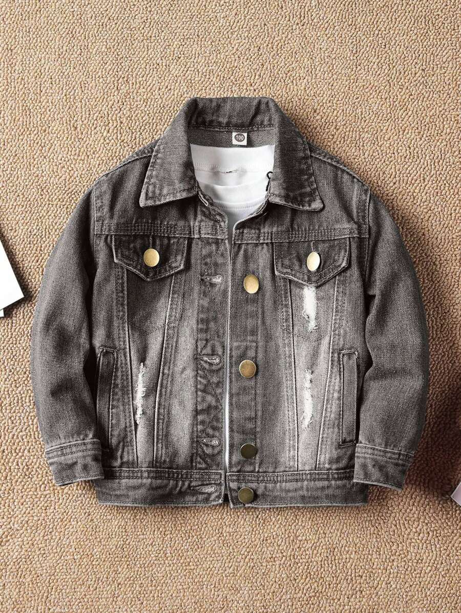 Young Boy Ripped Washed Denim Jacket - Light Grey - View 1