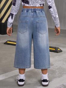 SHEIN Explorewe Quần Capri ống rộng bằng vải denim giặt sạch cổ điển cho bé gái tuổi mới lớn, dáng rộng thoải mái, mùa xuân hè - Rửa trung bình - Xem 2