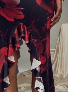 SHEIN Unity Women's Hollow Out Halter Neck Oil Painting Rose Print Dress - Multicolor - View 8