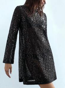 Maija Đầm mini cổ đứng chắp vá đính sequin cho nữ dài tay - màu đen - Xem 2