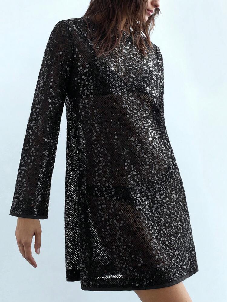 SHEIN Maija Women Sequined Patchwork Stand Collar Long Sleeve Mini Dress