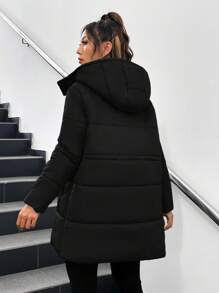 Abrigo acolchado con capucha de unicolor casual de invierno - Negro - Ver 2