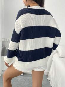 Lunelith SHEIN Lunessa Blusa holgada de cuello redondo con bloques de color y rayas jacquard