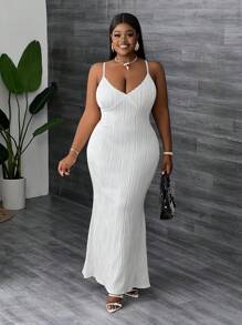 Slaydiva Robe longue moulante blanche à bretelles fines et décolleté plongeant avec dentelle florale, élégante et sexy, pour femme grande taille - Blanc - Voir 3