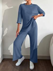 EURMUSE 100%Cotton Drop Shoulder Tee & Wide Leg Pants - Dusty Blue - View 5