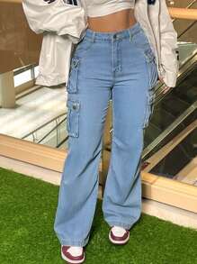 Stylish Vintage Chic Y2K Cargo Pants - High-Waisted, Wide-Leg, Pocketed, Comfortable, Casual, Street-Stylish Denim Trousers For The Curvaceous Woman - Rửa nhẹ - Xem 3