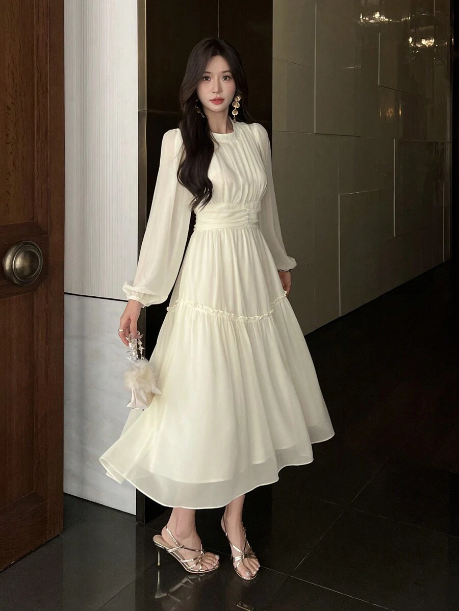 DAZY 女士优雅纯色灯笼袖腰褶饰中长连衣裙、荷叶边、秋季连衣裙长袖连衣裙 - 米色 - 查看 1