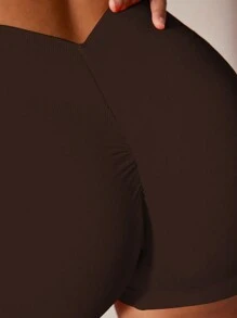 Easithlete 女式运动短裤，腰部褶皱，性感紧身，弹力舒适，适合瑜伽和健身女士运动短裤、健身短裤、骑行短裤 - 咖啡棕 - 查看 4