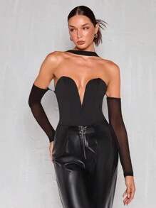 Glamine Women's Off Shoulder Mesh Splicing Long Sleeve Sexy Slim Bodysuit - Black - View 4