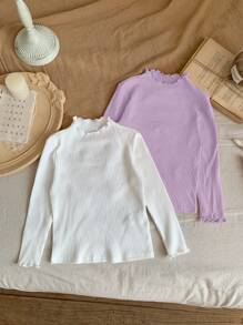 SHEIN Leap Crew Young Girl Cheapest Buy 1 Get 1 Free 2 Pieces/Set Casual Basic All-Match Wave Trim Stand Collar Long Sleeve Solid Color Top 2pcs/Set,Autumn And Winter,Great For Casual & Daily Wear & School Daily,College Style, Back-To-School,Party Fall (10),Winter (5),White