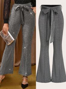 SHEIN Clasi Women's Elegant Party Metallic Thread High Waist Belted Flare Leg Pants Hollowed Costumes - Silver - View 1