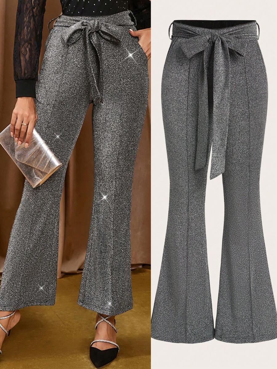 SHEIN Clasi Women's Elegant Party Metallic Thread High Waist Belted Flare Leg Pants Hollowed Costumes - Silver - View 1