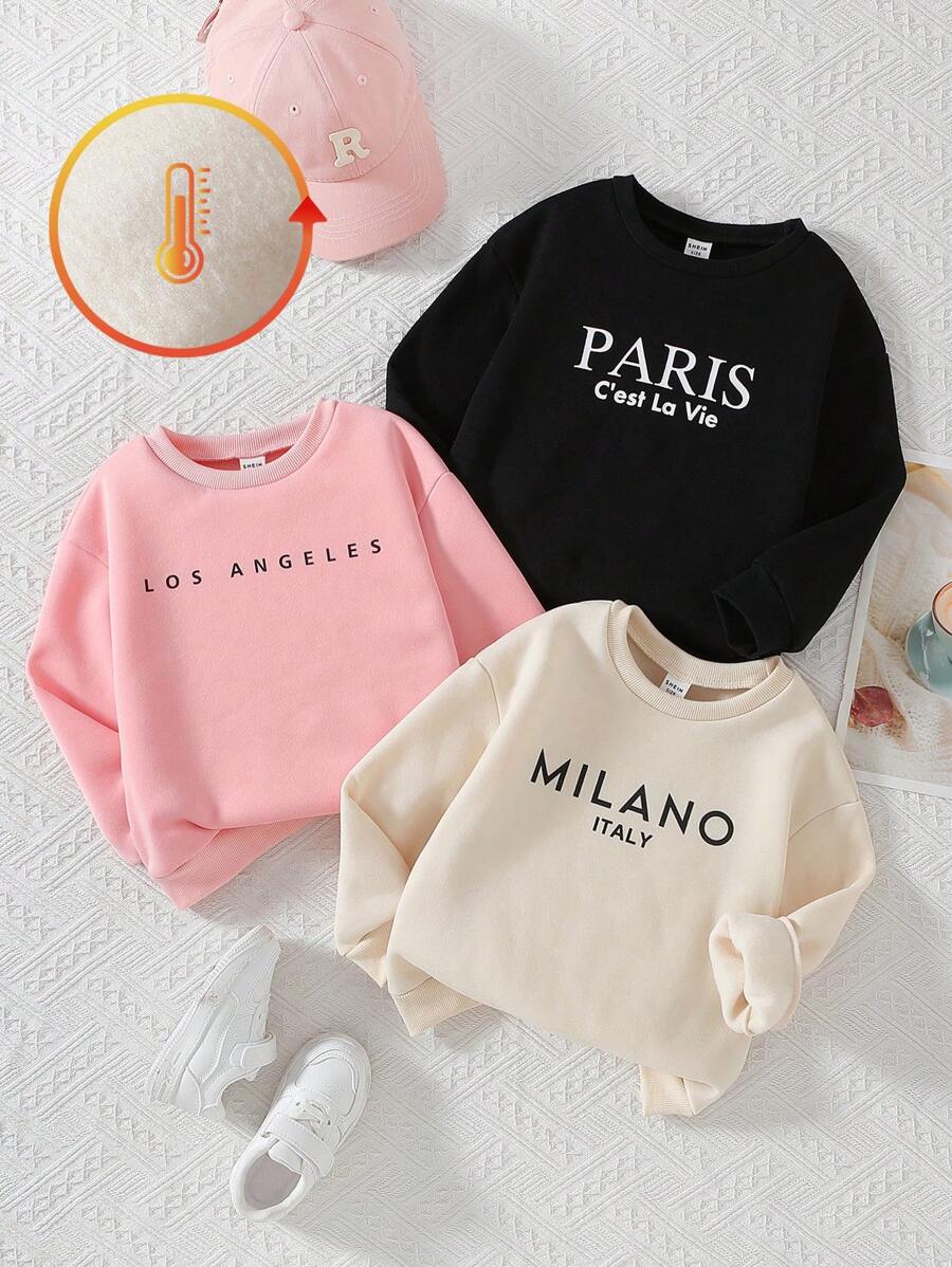 SHEIN 3pcs Young Girl Digital Letter Print Crew Neck Loose Fit Sweatshirt Set, Spring/Autumn - Multicolor - View 1