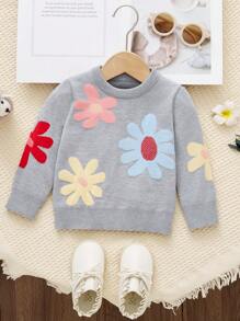 Suéter de punto floral casual para niñas bebé, suave y cómodo, adecuado para uso diario, hogar, exterior, fiestas, otoño/invierno - Gris Claro - Ver 1