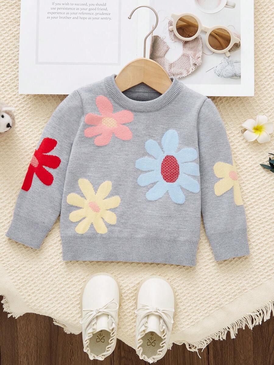 Suéter de punto floral casual para niñas bebé, suave y cómodo, adecuado para uso diario, hogar, exterior, fiestas, otoño/invierno - Gris Claro - Ver 1