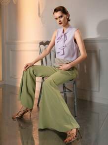 The Great Gatsby x MOTF 纯色弹力腰喇叭裤 - 綠色 - 查看 4