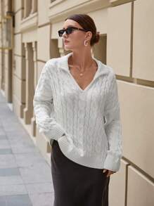 EURMUSE Luźny, dzianinowy sweter midi z okrągłym dekoltem dla kobiet - Biały - Zobacz 4