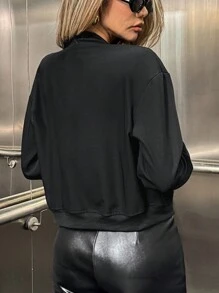 Chiquease Autumn/Winter Short Ribbed Collar Snap Buttoned Square Pocket Jacket - Black - View 2