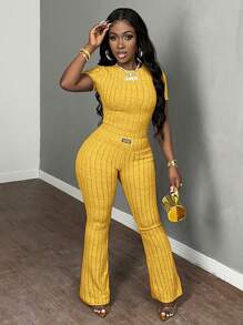 Slaydiva 2 piezas/set Top de manga corta de punto de unicolor y pantalones conjunto casual - Amarillo - Ver 5