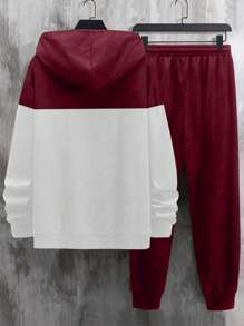 Manfinity Homme 2pcs Men's Casual Slogan Print Contrast Color Drawstring Hoodie And Sweatpants Set