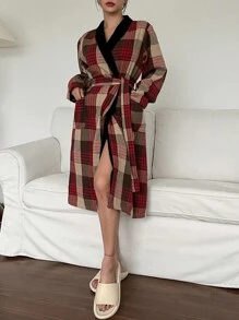 DAZY Plaid Patchwork Velvet Fabric Loose Long Sleeve Bathrobe Fall,Winter Pajama - Brown - View 6
