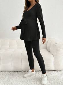 SHEIN 2pcs Maternity Casual Solid Rib-Knit V-Neck Belt Long Sleeve Tee & Adjustable Waist Skinny Pants Set, Pants Set, Spring/Autumn - Black - View 3