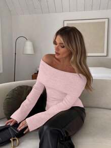 SHEIN Unity New Arrival Autumn/Winter Fashionable Solid Color Foldover Off Shoulder Sweater Top Knit Pullover Fall - Baby Pink - View 3