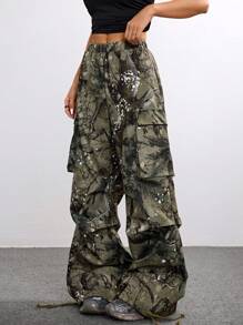 SHEIN EZwear Women's Fall Cargo Grunge Floral Print With Pockets Elastic Waist Pleated Wide Leg Loose Casual Long Pants
