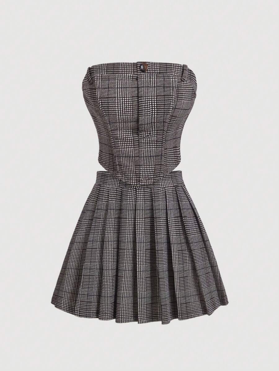 SHEIN MOD 女士格子抹胸和百褶迷你裙休闲两件套，夏季 - 咖啡棕 - 查看 1