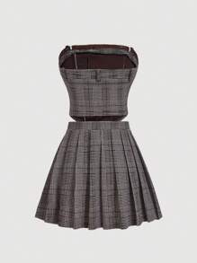 SHEIN MOD 女士格子抹胸和百褶迷你裙休闲两件套，夏季 - 咖啡棕 - 查看 2