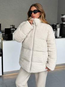 RueChic Teddy, Keep Warming Feature Puffer Winter Coat - Beige - View 5