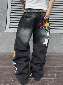 Manfinity EMRG 男士休闲牛仔裤，带口袋星星印花，图案长款宽松星星黑色深色洗水牛仔裤，洗水工装牛仔裤，适合丈夫、男朋友的礼物 - 黑色 - 查看 8