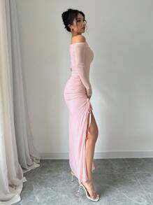 SHEIN PETITE Elegant Romantic Draped Drawstring Asymmetric Neck Long Sleeve Dress For Women Maxi Women Outfit