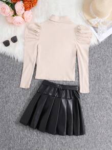 2pcs Tween Girls Set: Ribbed Mock Neck Gigot Sleeve T-Shirt And Bow-Tie PU Pleated Mini Skirt - Apricot - View 2