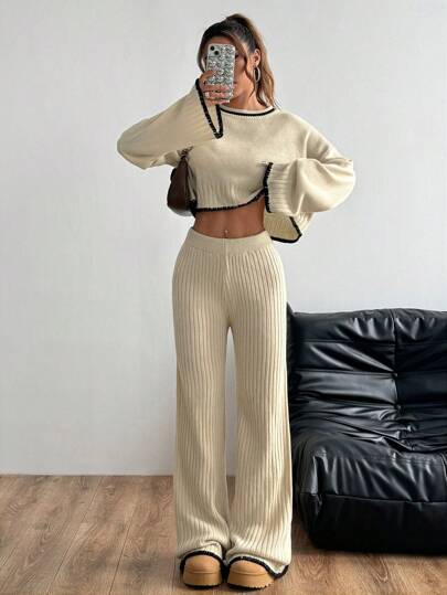 Flirla 2 件休闲撞色边饰毛衣套装