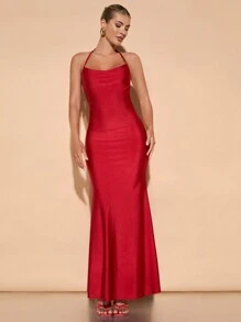SHEIN BAE 女士纯红色浪漫海滩度假约会日常穿着优雅 V 领露背开衩下摆超长吊带裙，适合舞会/正式活动，秋季 - 紅色 - 查看 4