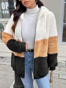 SHEIN Frenchy Plus Size Color Block Zipper Front Long Sleeve Teddy Fleece Jacket,Winter ,Thicken