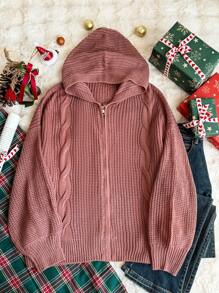SHEIN Privé Áo khoác len cardigan dáng rộng thoải mái, màu hồng và đỏ tía, tay dài có mũ trùm đầu, thanh lịch, đi làm, đi chơi ngày lễ - Gỗ đỏ - Xem 7