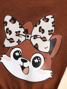 2pcs Toddler Girls Leopard Print Kitty Embroidery Outfit, Plush Vest + Contrast Color Leopard Print Dress, Fall/Winter - Brown - View 5