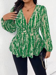 Franclia Plus Size Allover Print Deep V-Neck Long Sleeve T-Shirt Peplum Top