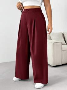 SHEIN EZwear Pantalones rectos de pierna recta y plisados de color liso para uso diario, talla grande, otoño - Burdeos - Ver 4