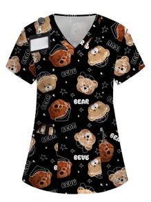 PopScrub Áo phẫu thuật đồng phục y tá tay ngắn có in hình gấu và chữ - Nhiều màu - Xem 1