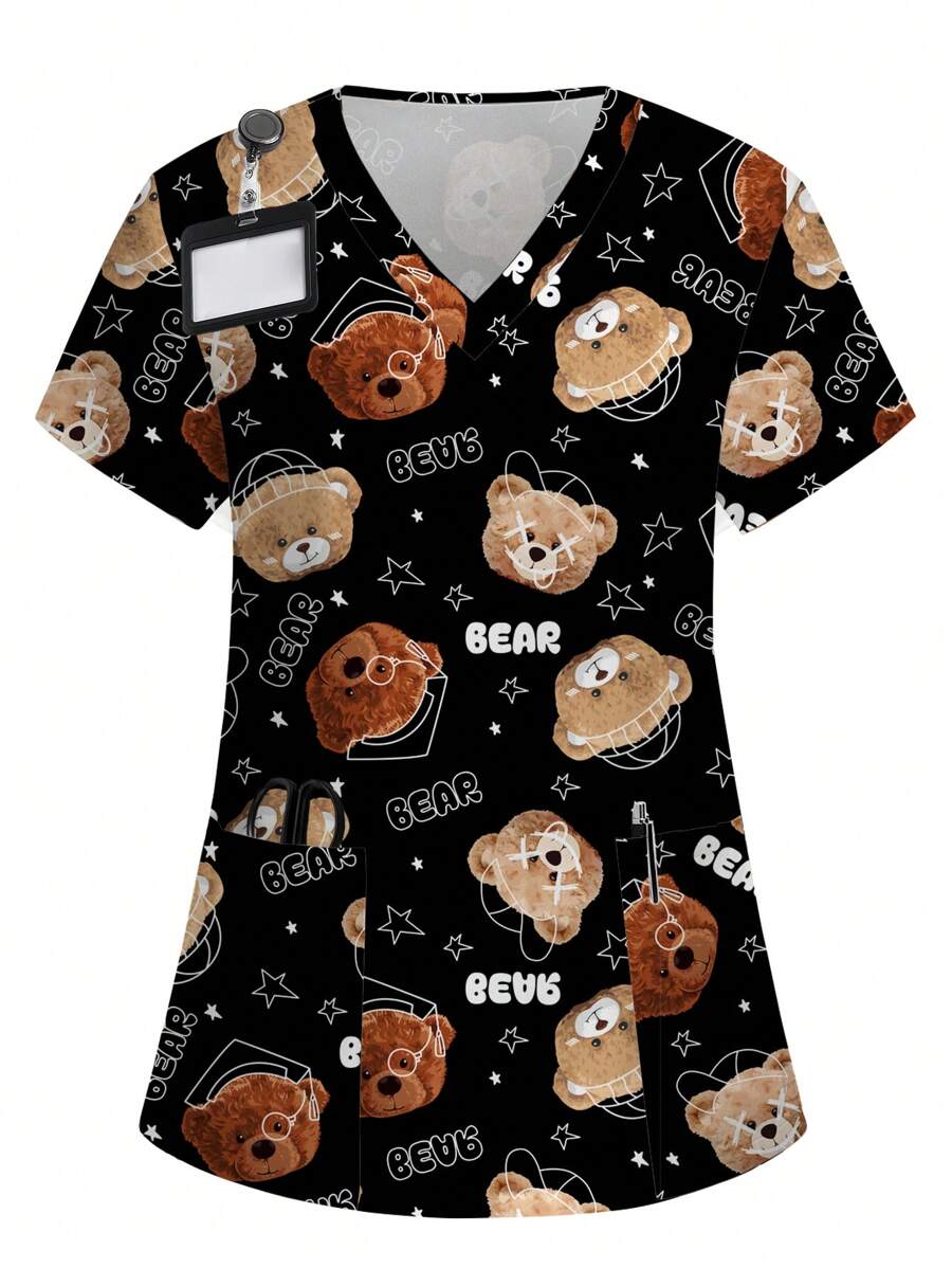 PopScrub Áo phẫu thuật đồng phục y tá tay ngắn có in hình gấu và chữ - Nhiều màu - Xem 1