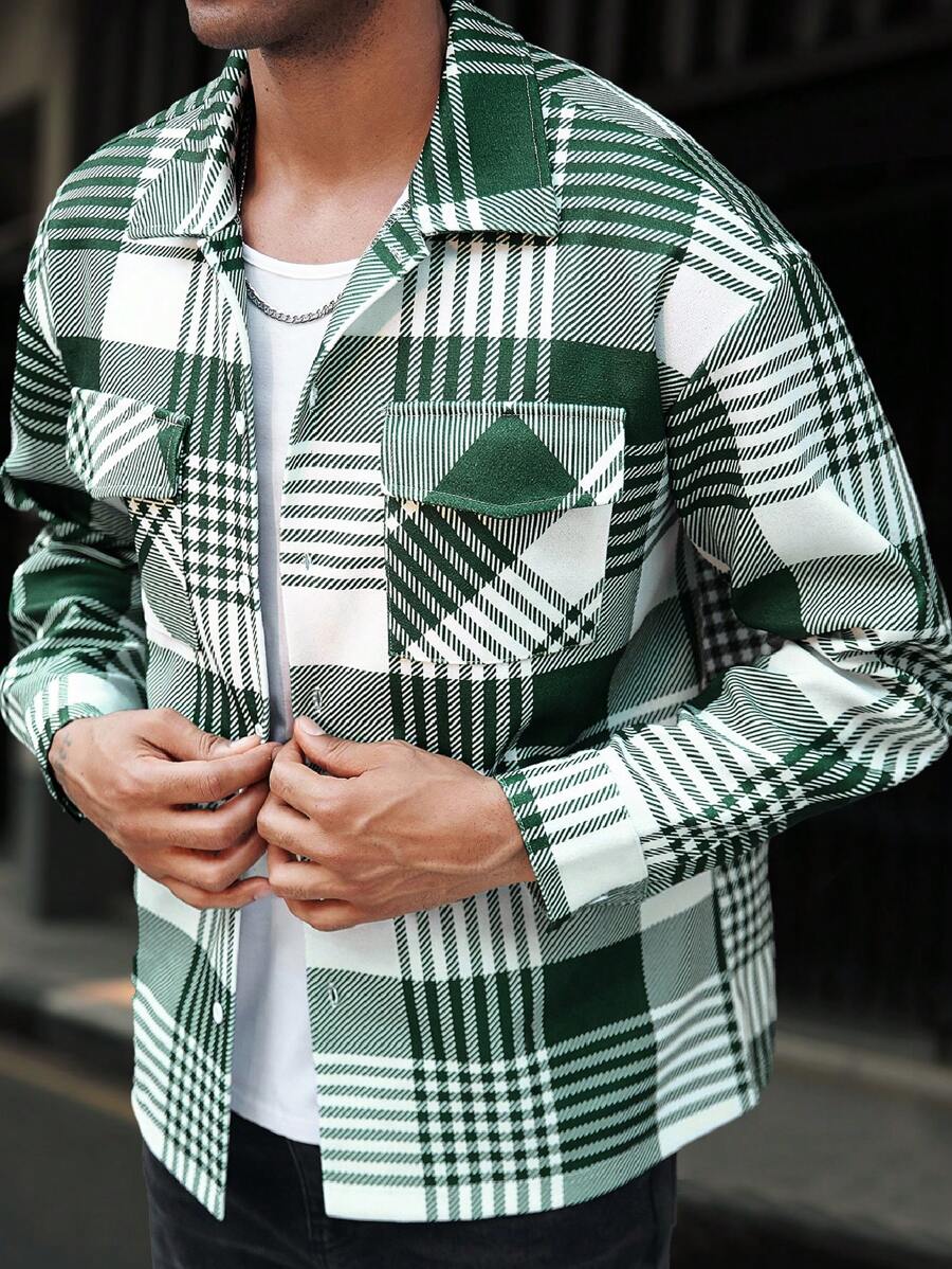 Manfinity Homme 男士格子长袖休闲夹克，带口袋，秋冬 - 彩色 - 查看 1