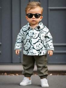 SHEIN 2 件套男婴/女婴可爱熊印花长袖衬衫和松紧腰绿色裤子套装，秋冬 - 彩色 - 查看 11